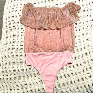 Find A New Path Rose Gold Shimmer Off The Shoulder Bodysuit - Pink Lily